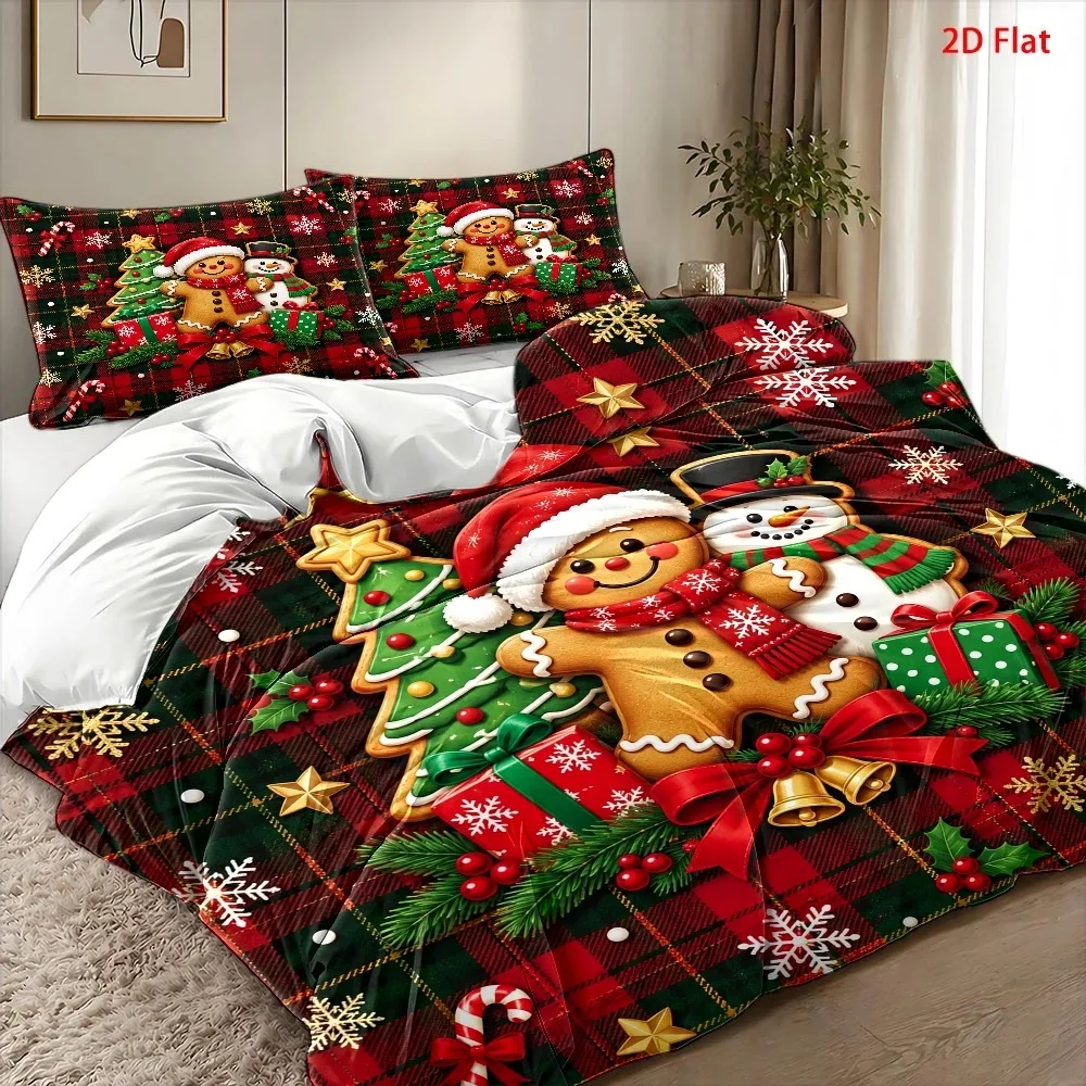 Gingerbread Man Snowman Christmas Duvet Cover Set, Three-Piece Bedding Set (1*Duvet Cover + 2*Pillowcases), Festive Party Atmosphere Decoration, Suitable for All Seasons, Machine Washable, Invisible Zipper Design, Large Double Bed Cover Set, Suitable for Home, Dorm, Master Bedroom, Guest Room, Ins-Style Japanese Floral and Animal Pattern Bedding, Specially Designed for Comfort and Skin-Friendly Bedding Sets, Bedroom Decoration and Sleep Essentials, 2D Flat Print