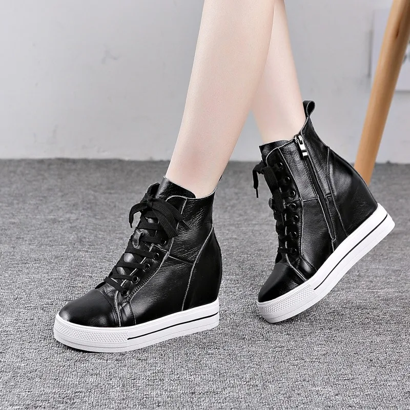 Autumn Women Genuine Leather 8cm Hidden Wedge Sneakers Platform Shoes High Heels Sneakers Woman Casual Shoes White Women Trainer