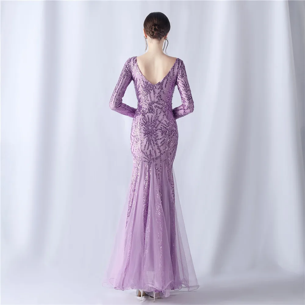 DEERVEADO Elegant Long Sleeves Women's Evening Dress Mermaid V Neck Sequin Party Maxi Dress Special Occasion Dress Gala