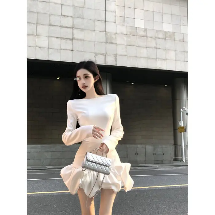 High End Ballet Style White Floral Bud Dress Women\'s Autumn Temperament Long Sleeved Petal Skirt Waist Bag Hip Short Skirt