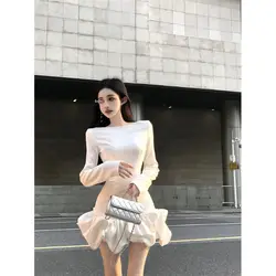 High End Ballet Style White Floral Bud Dress Women's Autumn Temperament Long Sleeved Petal Skirt Waist Bag Hip Short Skirt