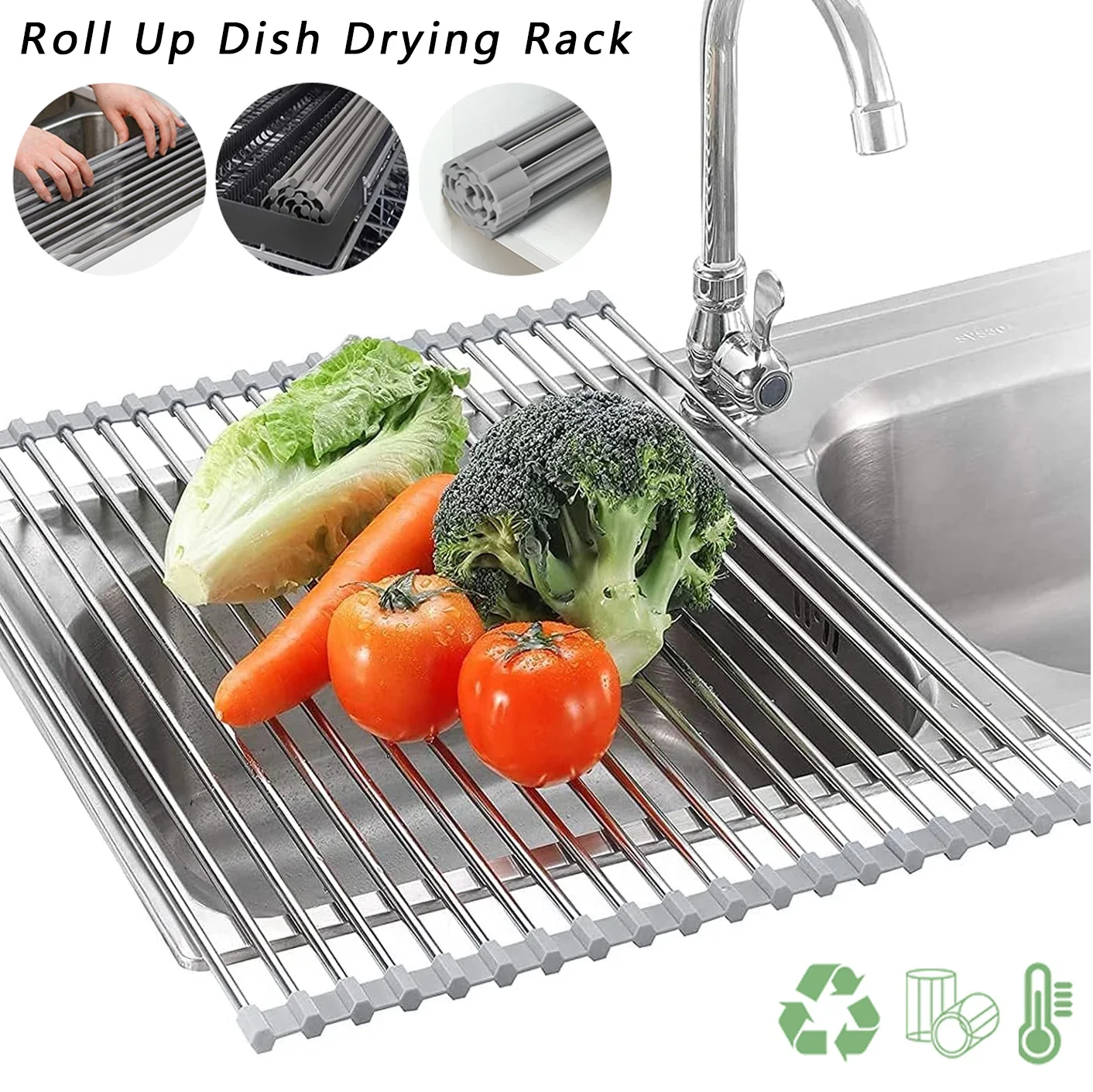 Roll Up Dish Drying Rack, Silicone Coated Over The Sink Dish Drainer, Folding Kitchen Sink Organizer, Multipurpose Draining Mat