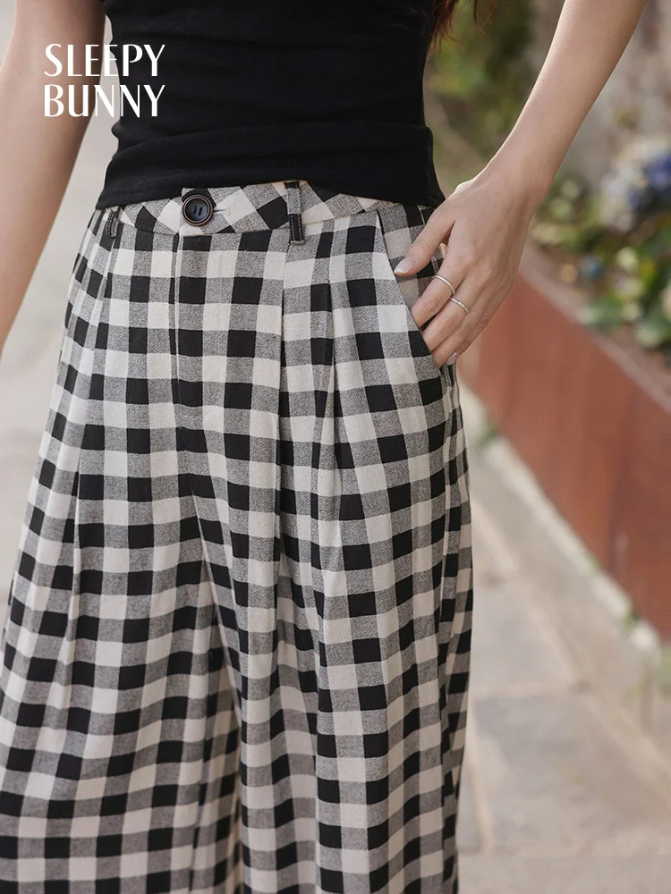Black White Plaid Wide Leg Pants Women Summer High Waist Loose Fit Trousers Casual Vintage Checkered Straight Draped Bottoms