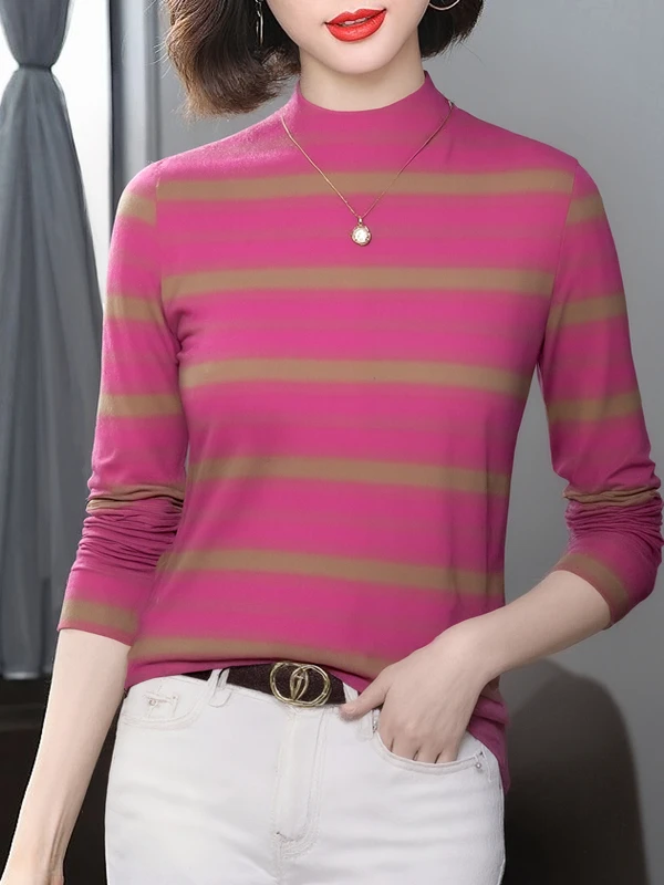 

Элегантная женская футболка с высоким воротником и длинным рукавом в полоску, в стиле Mom, утягивающая, скрывающая живот, антивозрастная, для женщин среднего возраста