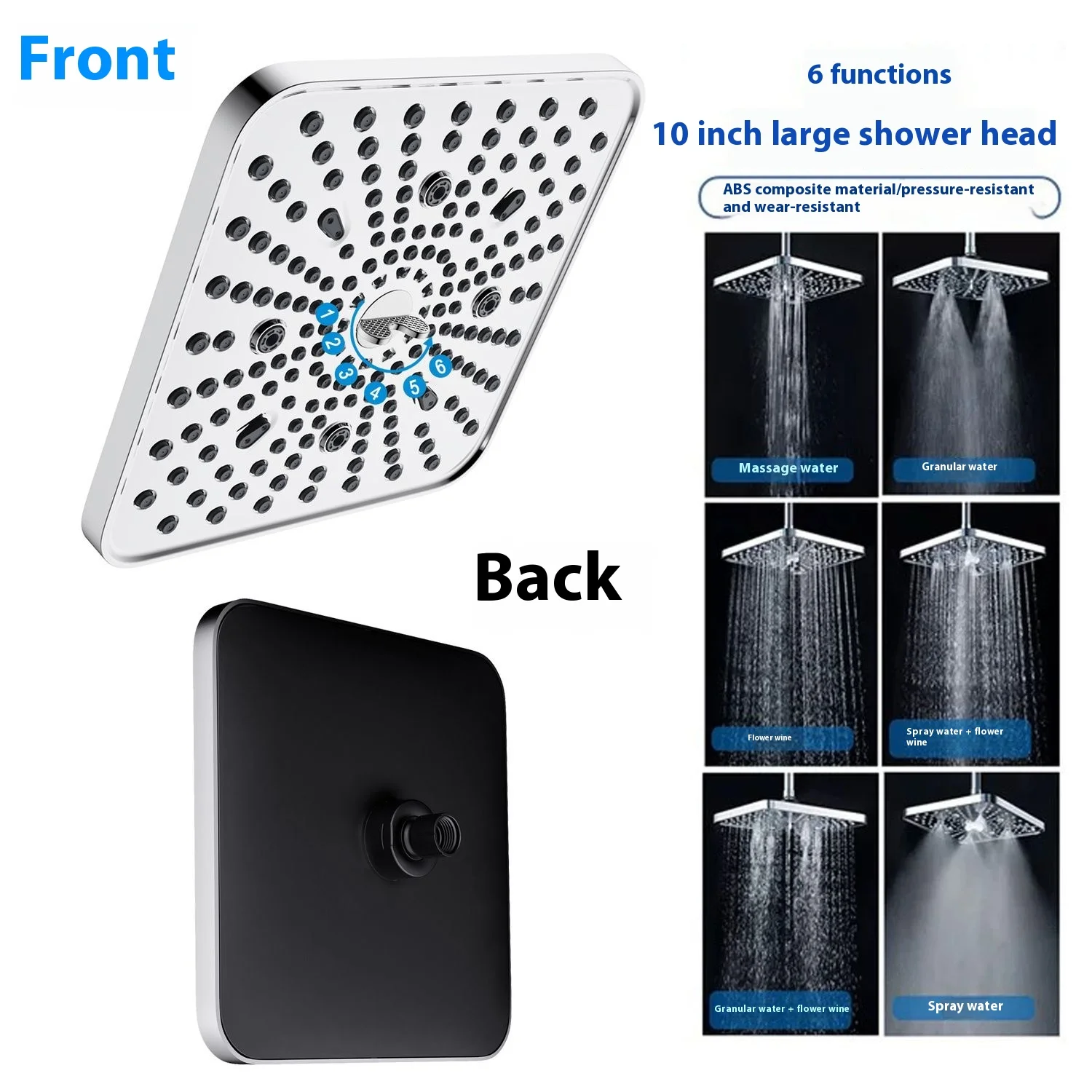 

High - end pressurized shower head, large shower head with thick holes, large water output, high flow rate, multi function spray