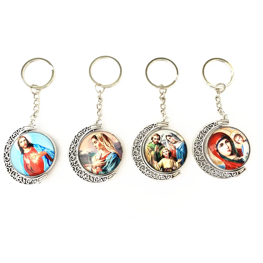 The keychain of the Virgin Mary and Father\'s family Jesus Alloy Pendant Orthodox Church Key Chain Double Sided Rotatable