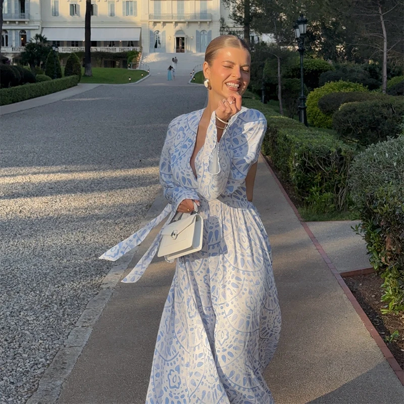 

Elegant Blue Print Womens Dresses Sexy V-Neck Long Sleeve High Waisted Dresses Printed backless maxi Robe Evening party dress