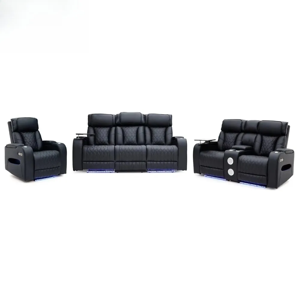 

Современный кожаный электрический диван-реклайнер Geek Sofa с консолью и раскладным столиком для гостиной