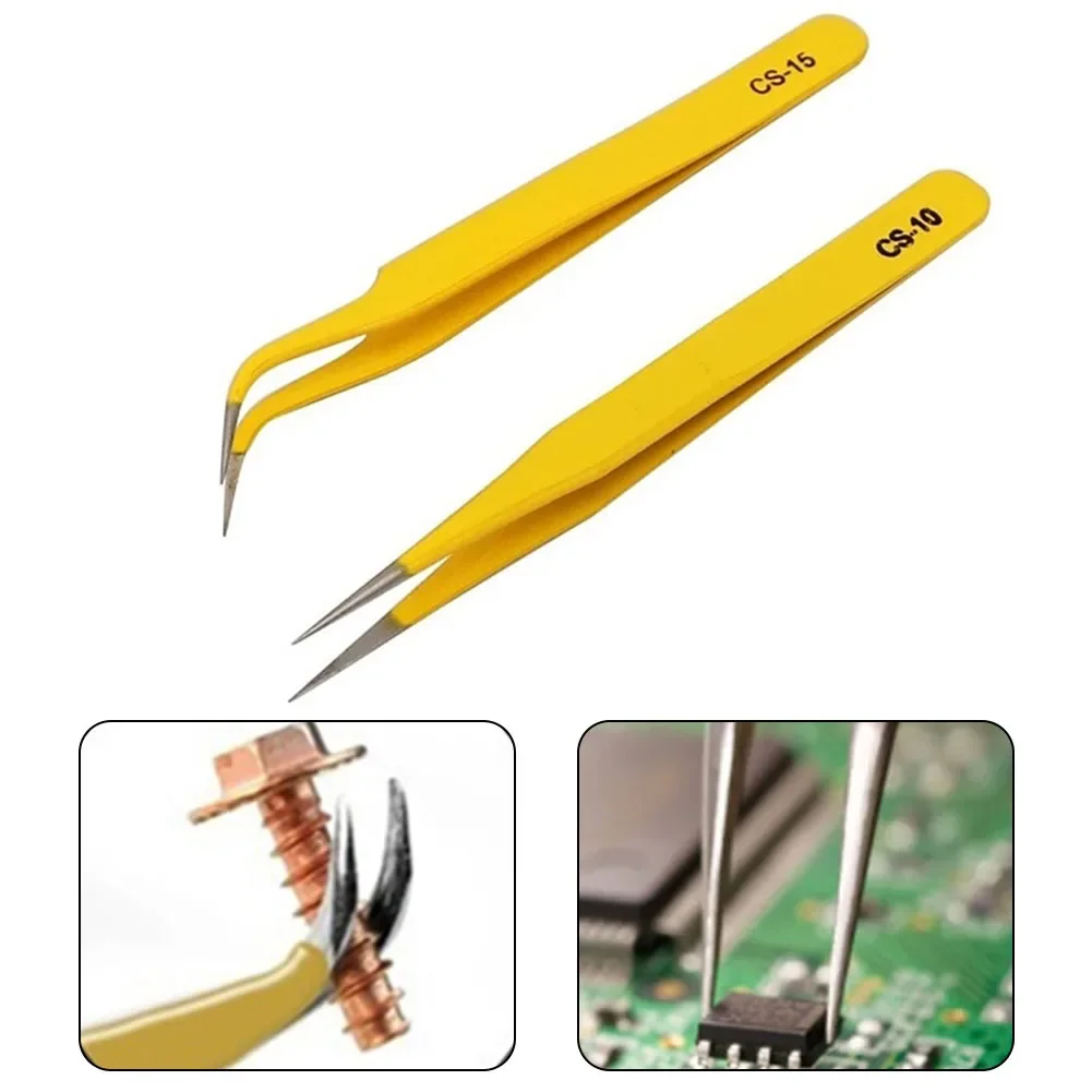 2pcs Precision Tweezers Set Anti-Static Stainless Steel Tweezers Repair Tools For Electronics Repair Soldering Craft CS-10 CS-15