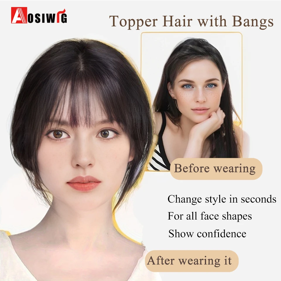 AOSI Synthetic Topper Hairpiece Clip-In Bangs Extension Natural Neat Fake Fringe Topper Hairpiece Invisible Clourse Hairpieces