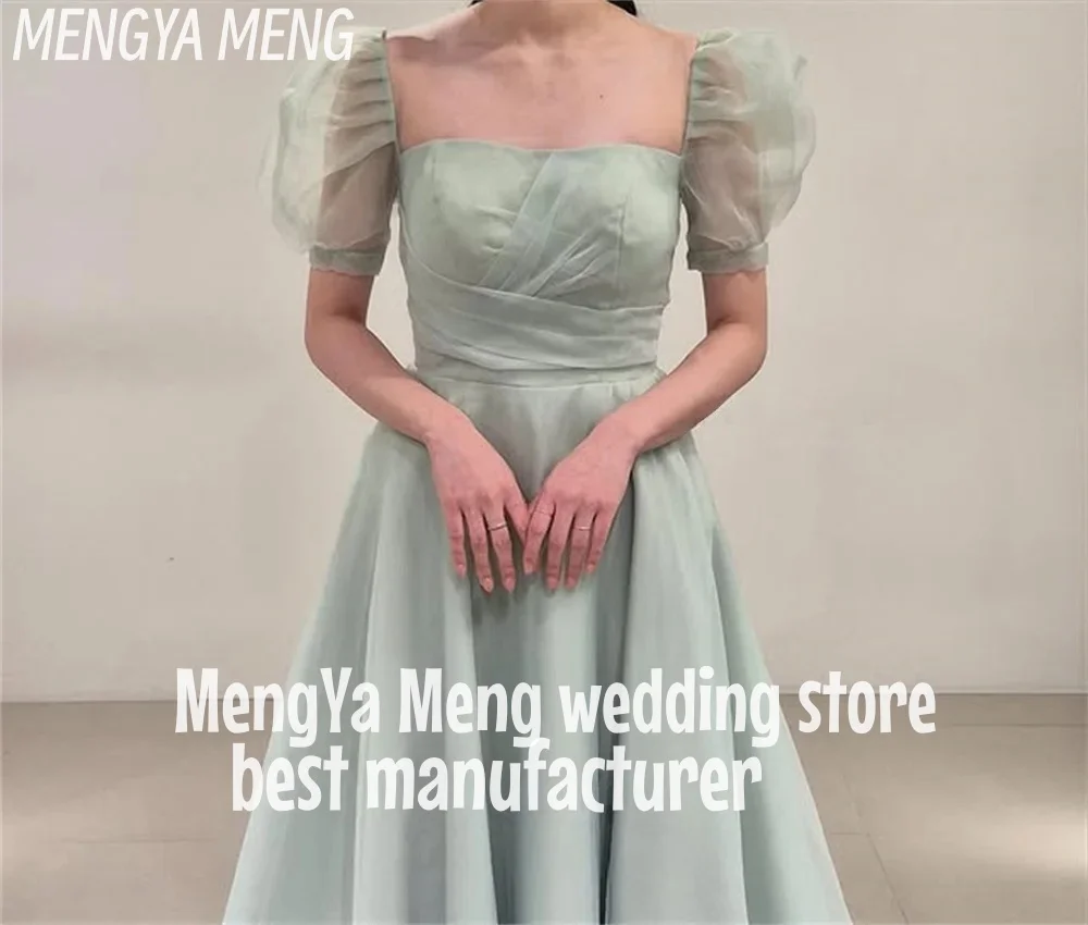ZHUISHU Mint Green Puff Sleeves Evening Dresses Pleat Korea Wedding Photo shoot Silk Organza Floor-Length Prom Gowns Customized