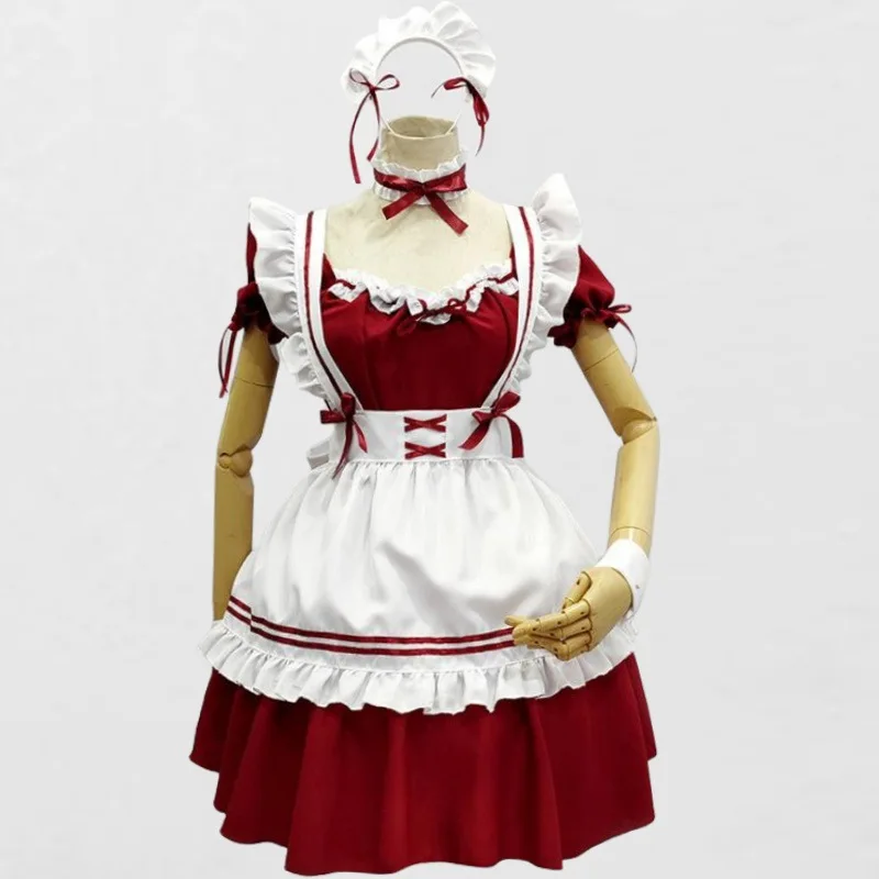Japanese Style Women's Pink Maid Costume Cute Lolita Maid Costumes Girls Role Playing Dresswith Apron Outfit
