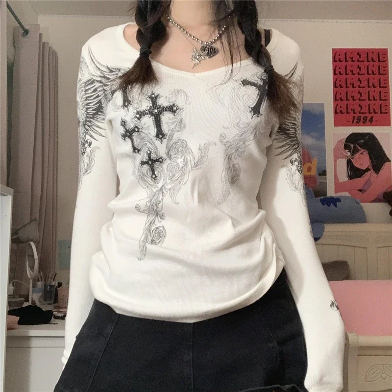 

Y2k Graphic Cross Wings Print Long Sleeve Women Grunge Fairy T-shirt Harajuku Tee 2000s Aesthetic Punk Style Clothes Streetwear