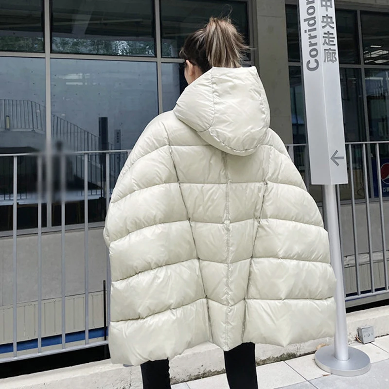 Luxury Women Oversized hooded down jacket fluffy parkas Winter Black Elegant Batwing sleeve puffer coat Ladies INKEO 2O135