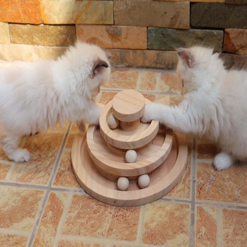 Wooden Tower Cat Scratching Board with Triple Play Ball Tracks for Intelligence Training and Amusement