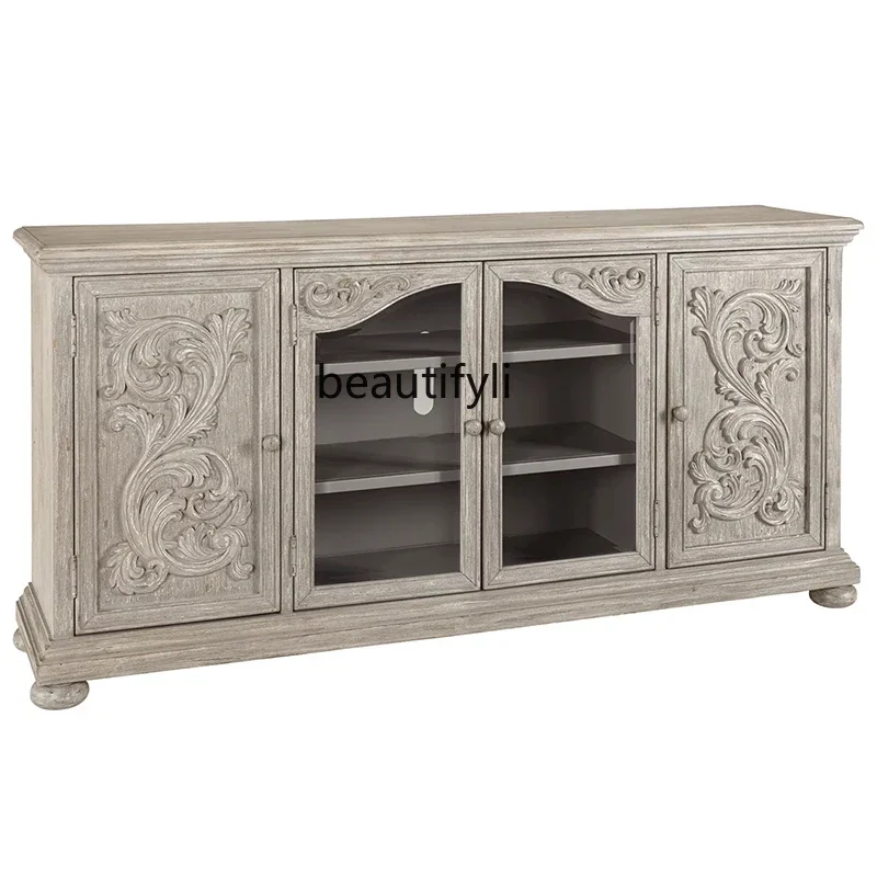 French retro TV cabinet  living room solid wood side cabinet American carved glass floor bedroom storage cabinet