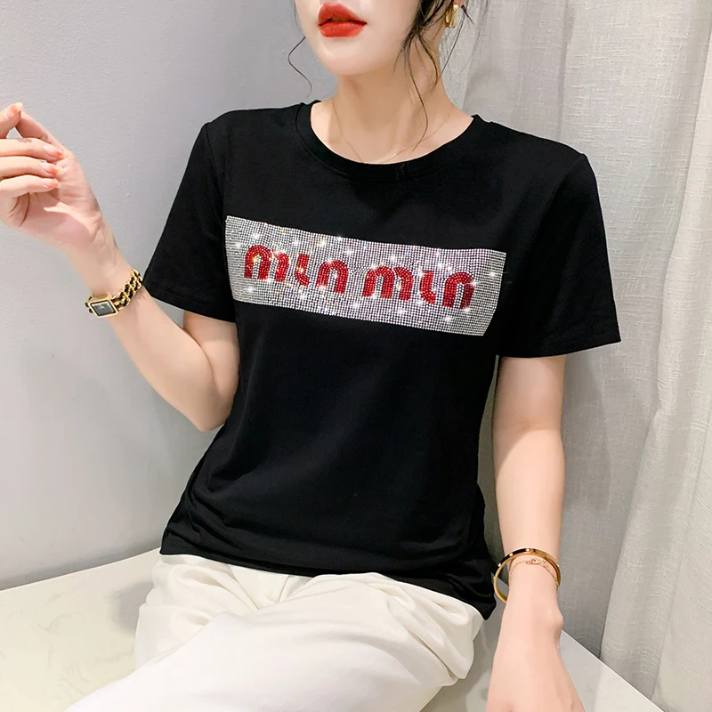 Black Summer Clothes Cotton T-Shirt Chic Sexy O-Neck Shiny Diamonds Letter Women Tops Short Sleeve Hand Made Tees 2024 New 43139