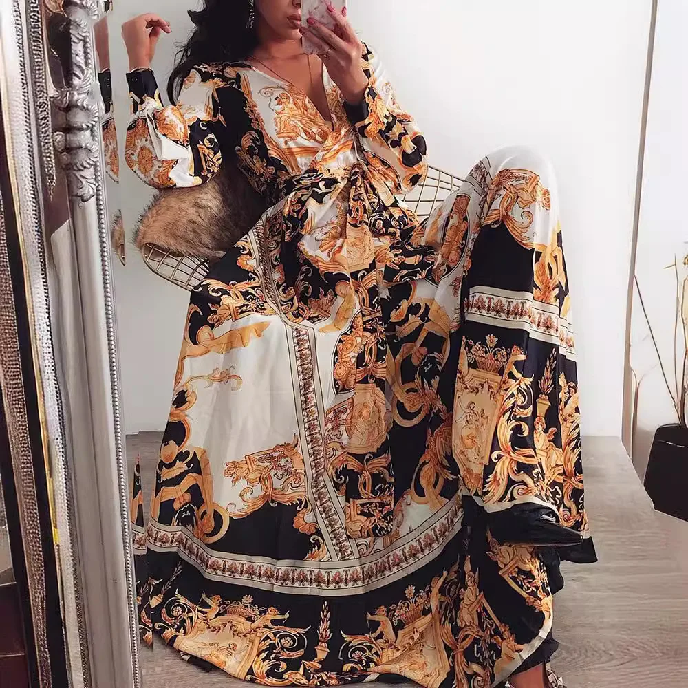 

2024 Early Autumn New Sexy V-Neck Women's Retro Printed Long Sleeved Evening Dress, European And American Dress