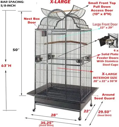 X-Large Elegance and Durable Wrought Iron Open Play Top Stand Bird Parrot Rolling Cage, Include Metal Seed Guard Solid