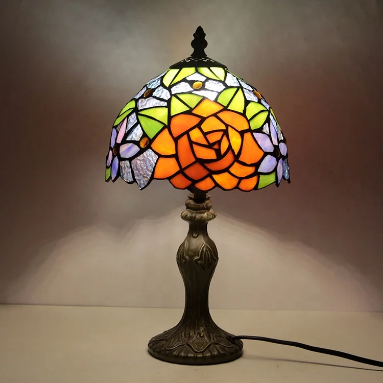 

Antique Style Table Lamps Stained Glass Rose Lampshade Light With Zinc Alloy Base Desk Lights