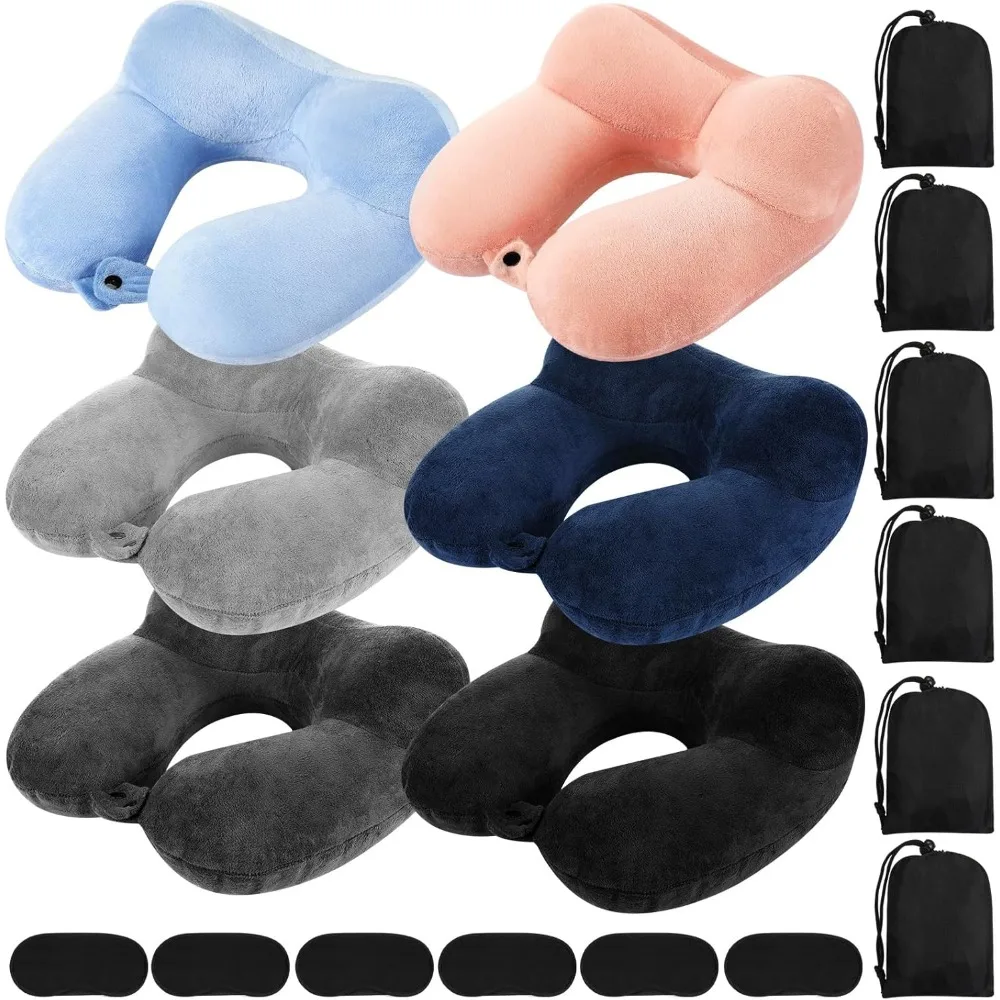 

6 Pcs Inflatable Travel Pillow for Airplanes with Compact Bag and Blindfold Soft Velvet Inflatable Neck Pillows for Traveling,