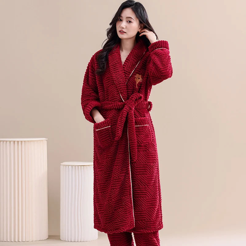 Winter Jacquard Flannel Sleepwear With Belt Robe+Pants 2PC Warm Women Pajamas Coral Fleece Robes Set Full Sleeve Female Homewear