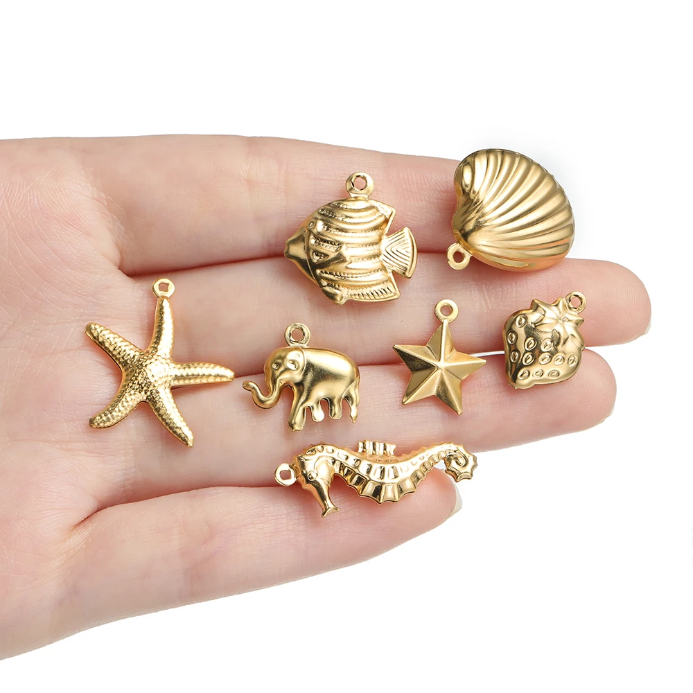 Ouro Cor Aço Inoxidável Oceano Pingente, Pingentes Forma Starfish Shell, Encantos para Colar, Brinco Charme, Fazer Jóias, 10Pcs