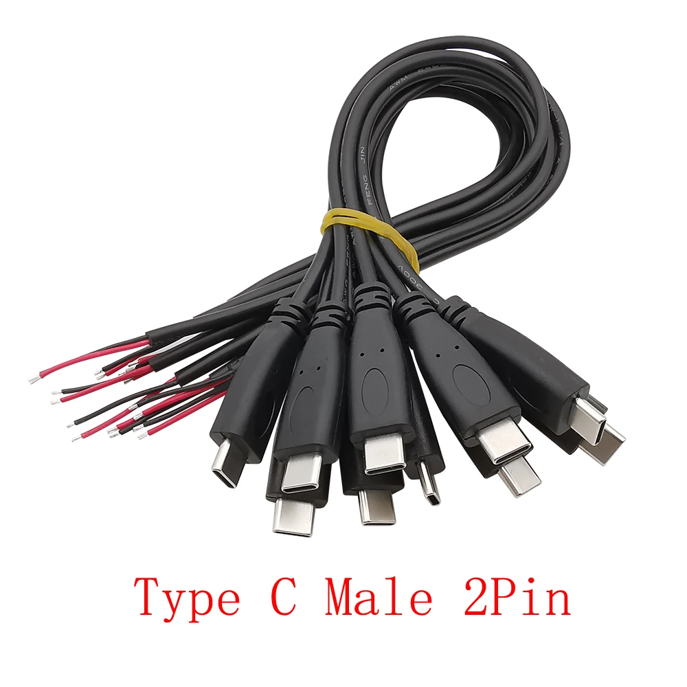 10Pcs Type C 2 Pin Bare Wire Open End Power Charging Cord 5V USB-C Type-C Male Plug Connector Extension Wires Cable 22AWG PVC
