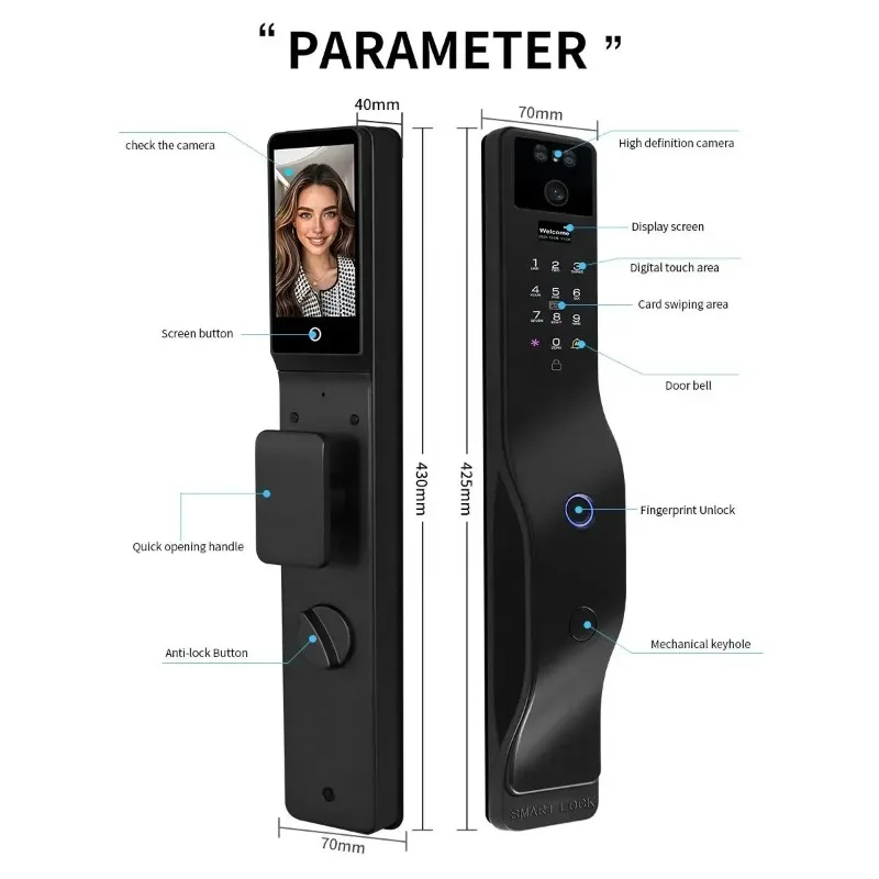 Face Recognition Smart Door Lock Israel Mortise Wifi Fingerprint Cerradura Tuya Inteligente Digital Lock With  cam era for Home