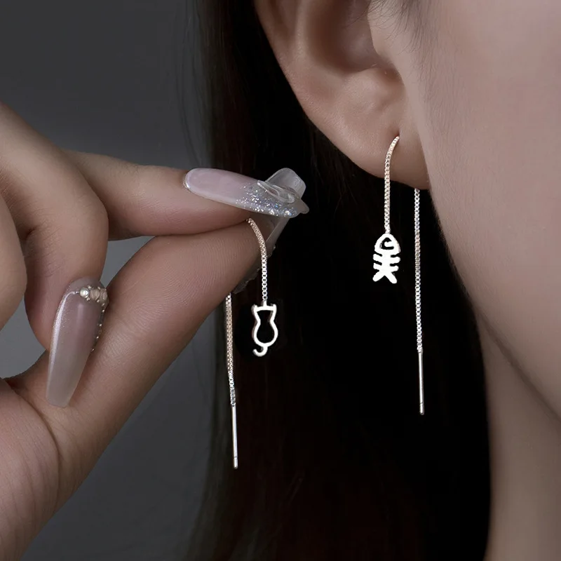 Fashionable Cat Fish Ear Line Long Tassel Earrings Personalized Korean Cute Kitten Fish Bone Cat and Fish Ear Accessories