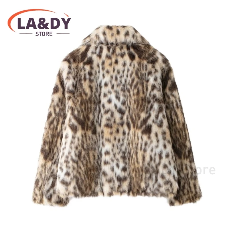 2024 Winter Women Fashion Leopard Print Thickening Faux Fur Jackets Female Casual Long Sleeve Warm Outerwear Tops