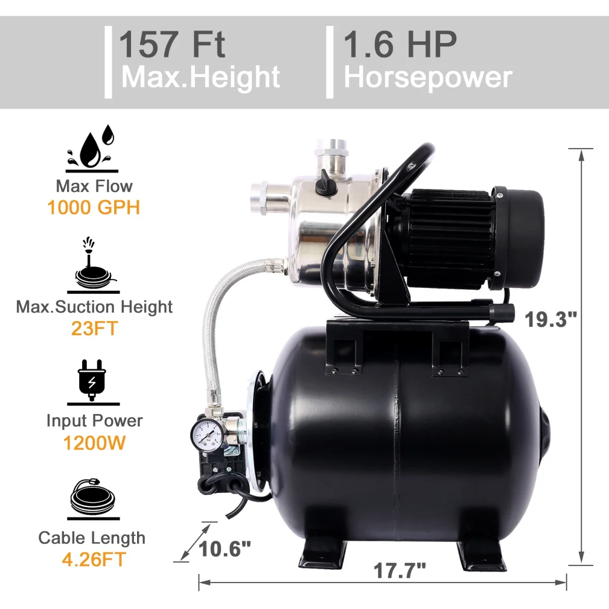 1.6HP 1320GPH Shallow Well Pump With Pressure Tank Automatic Water Booster Irrigation Jet Pump For Home Garden Lawn