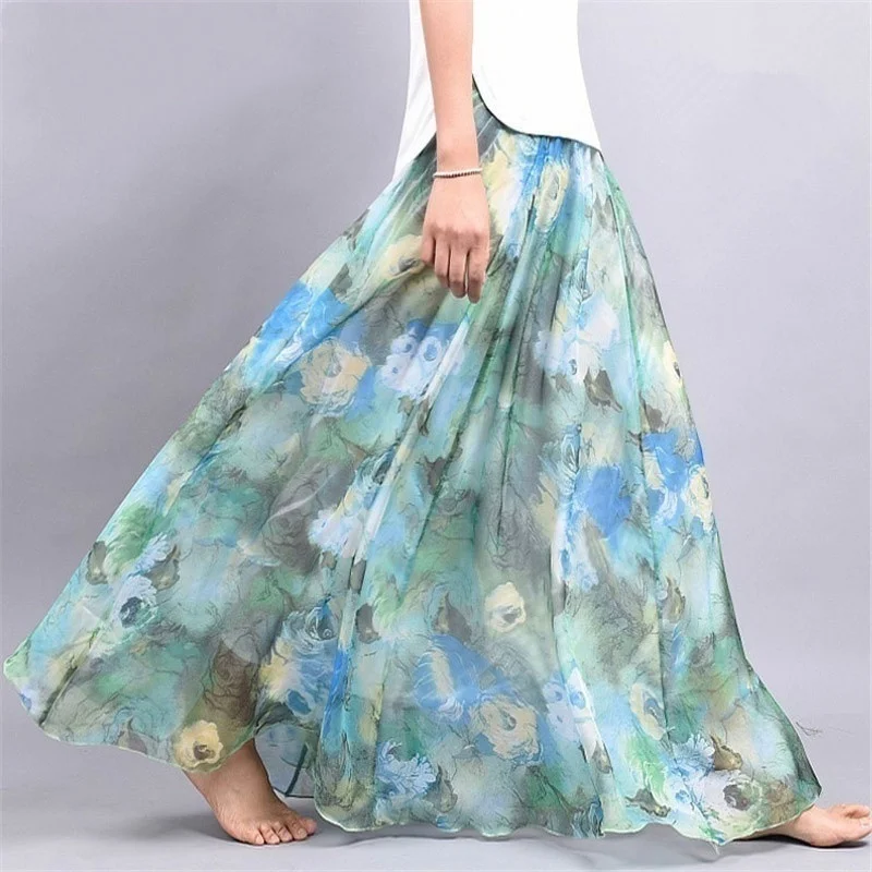 Summer Loose Skirt women Chiffon Floral Printed Women Floor-Length Long Beach Party Maxi Sundress