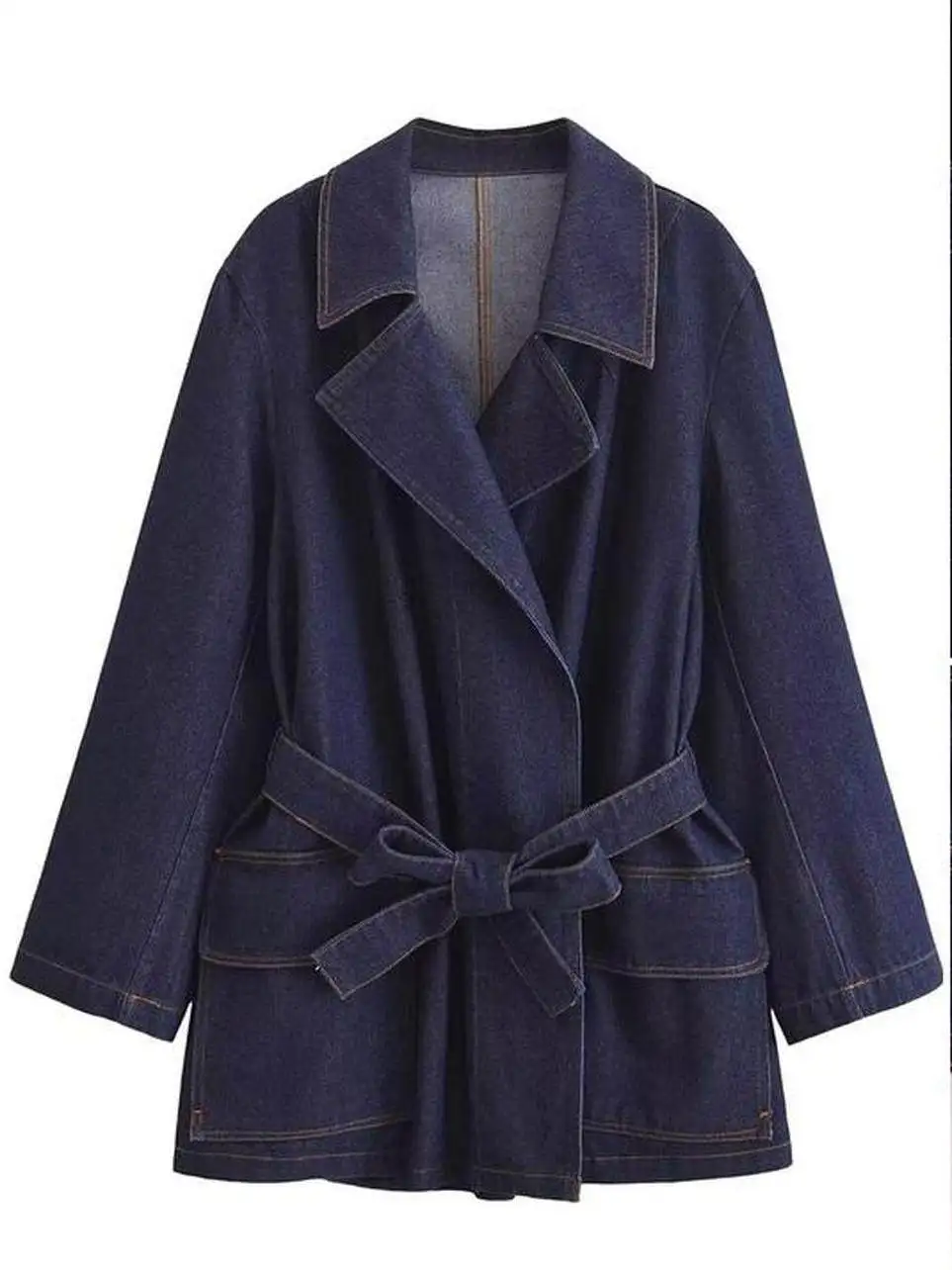 Spring 2026 New Style Long Sleeve Lapel Decorative Zipper Pocket Denim Jacket Coat Casual Commute Bright Surface Treatment