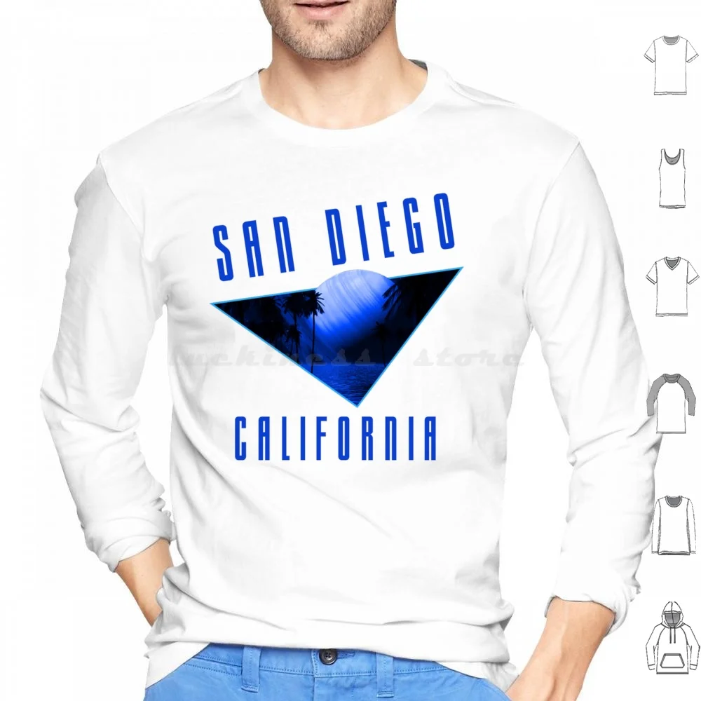 Retro Eighties San Diego California-Electric Blue Text Beach / Surf Hoodie cotton Long Sleeve Eighties San Diego San Diego