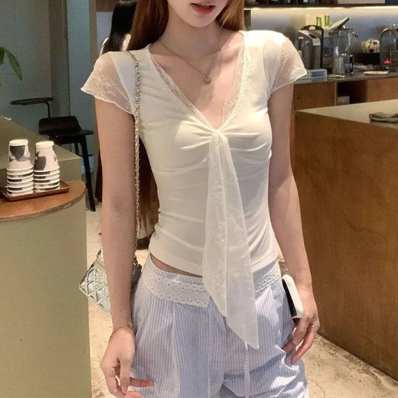 Summer V Neck Folds Lace Splicing T-shirts Stylish Front Tie Detail Tops Women Short Sleeve Slim Fit Casual Short Pullovers New