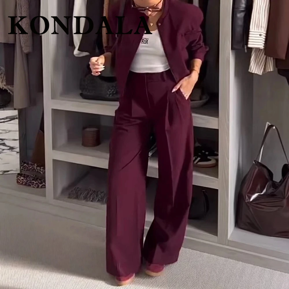 

KONDALA Chic 2025 весенние однотонные женские костюмы на молнии с круглым вырезом пилотная куртка + широкие брюки на молнии, длинные плиссированные брюки, повседневный женский костюм