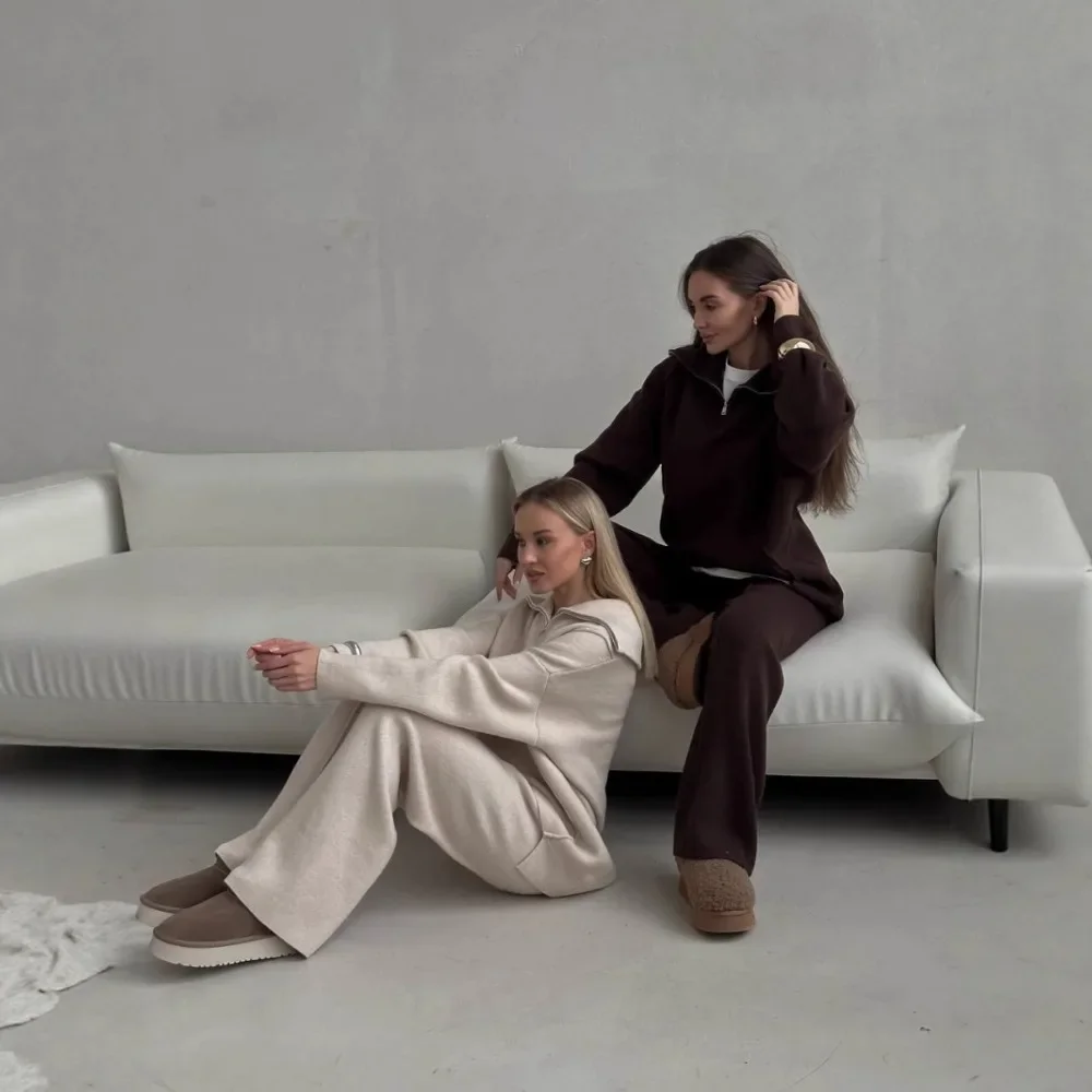 Lichte luxe dagelijkse vestbroekenset herfst en winter dames elegant los warm zacht casual kantoor rits trui broek 2 stuks