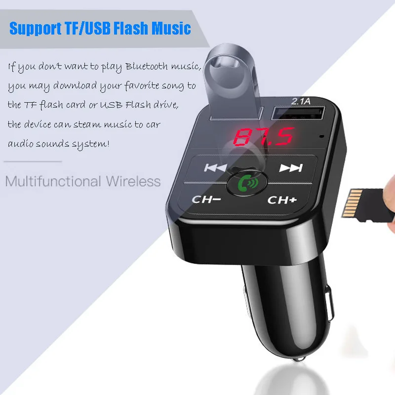 Car Handfree Bluetooth 5.0 MP3 Player FM Transmitter Car Kit Handsfree Speaker Audio Coche Adapter Receiver USB Fast Charger