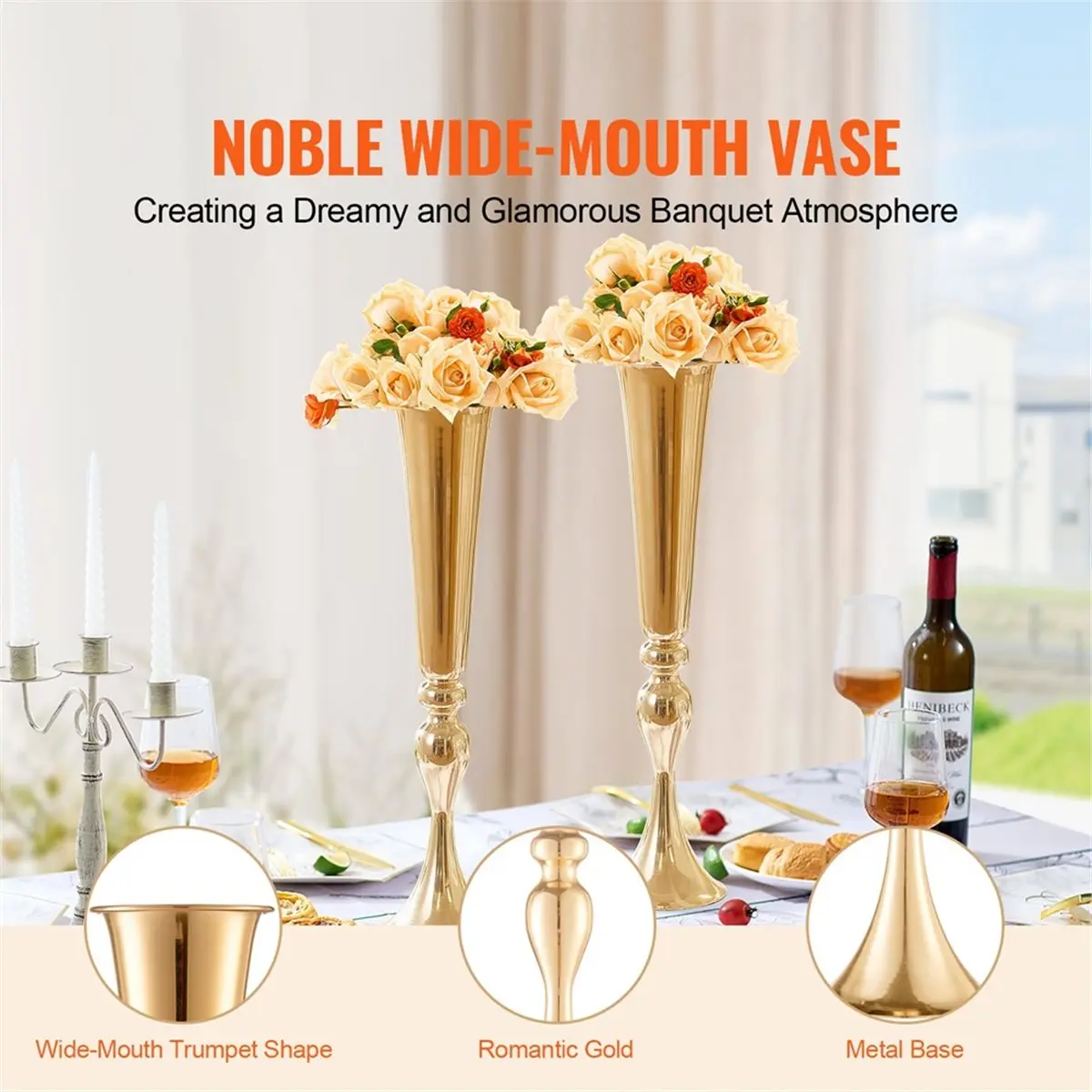 

2026 New 2PCS 56cm/22.05" Tall French Gold Metal Trumpet Wedding Flower Vases