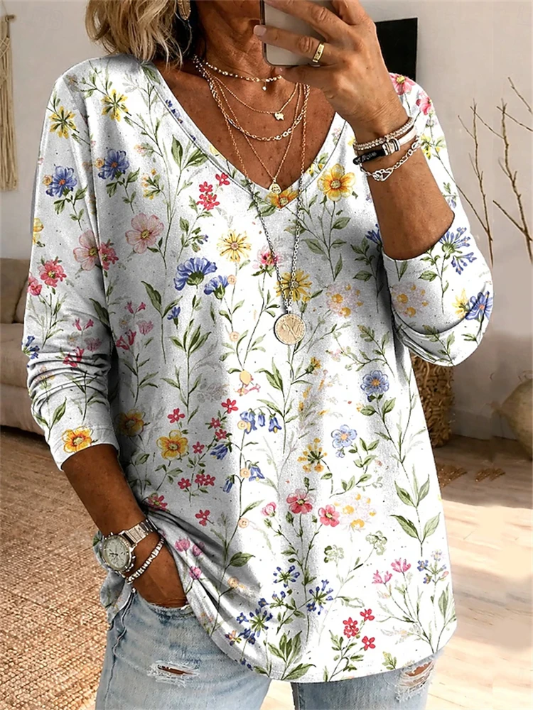 New Women's Casual Long-Sleeve Top for Autumn Stylish V-Neck Tee with Elegant Floral Print Loose Comfortable Street-Style Top