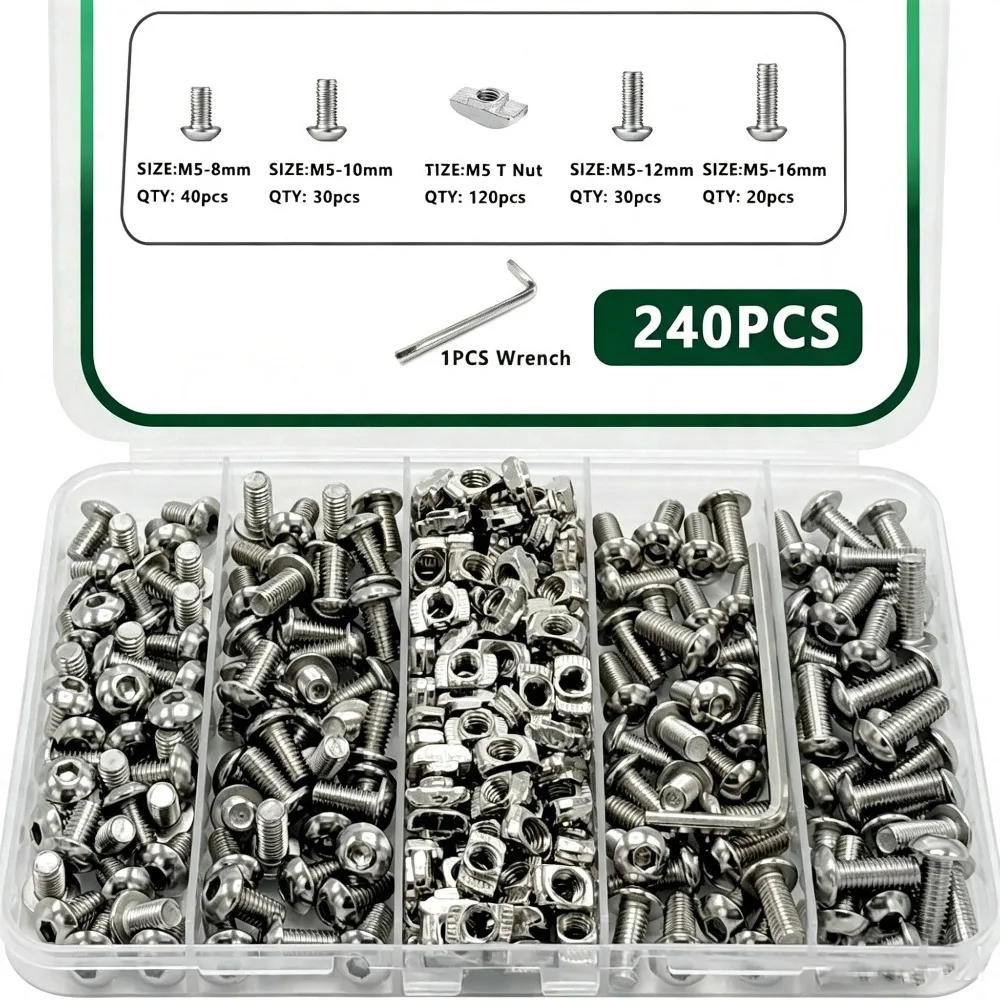 240Pcs M5 T Nut Screw Kit for 2020 Aluminum Extrusion M5x8/10/12/14mm Hex Socket Screws Drop-in T-Nuts Equipped with Hex Wrench