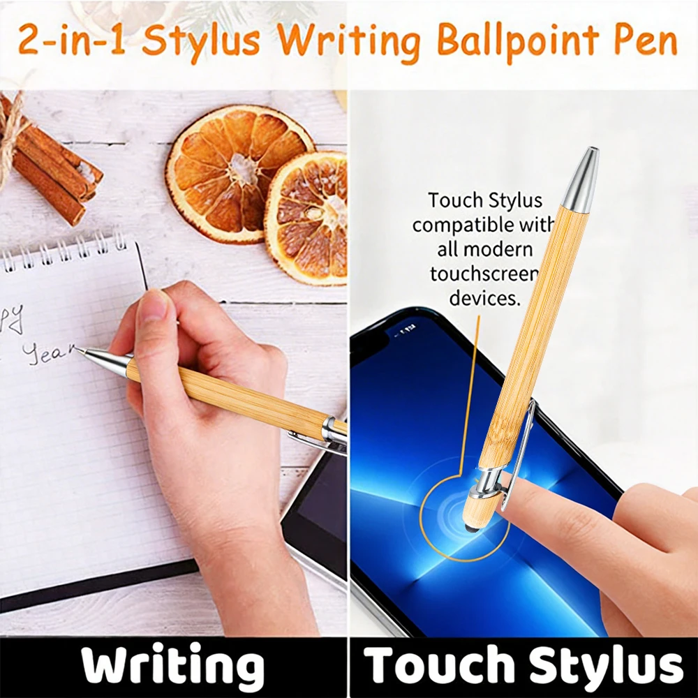 Custom Logo Bamboo Ballpoint Pens Personalized Wooden Pens with Touchscreen Tip Pen Gift for Wedding Baptism Graduation School