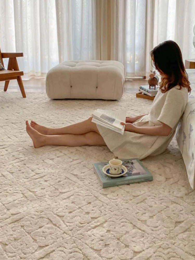 Beige White Carved Handmade Carpet for Living Room Retro 3D Soft Carpets for Bedroom Decoration Morocco Ins Study Floor Mat