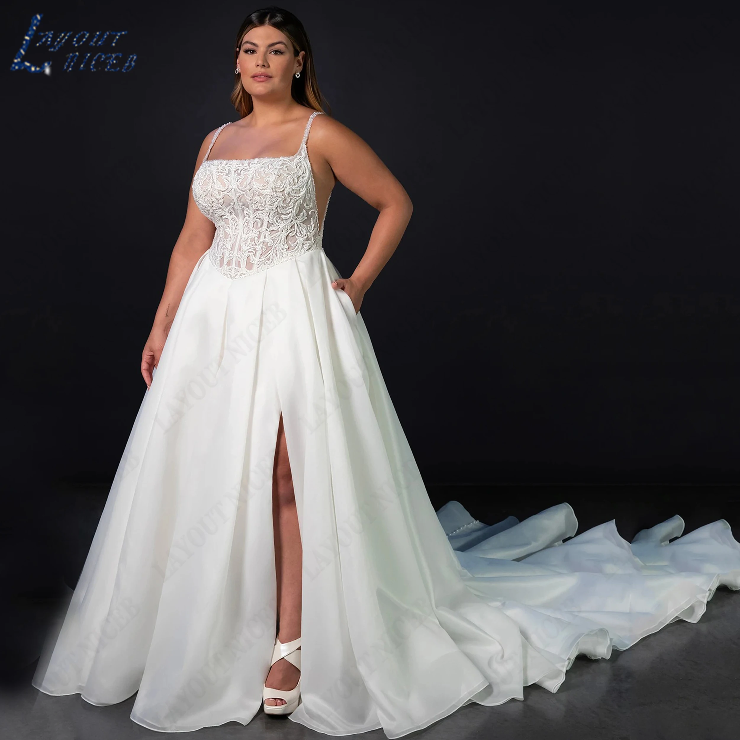 LAYOUT NICEB Square Collar A Line Wedding Dress Plus Size Spaghetti Straps Organza Bride Gown Applique Bridal Gowns Customized