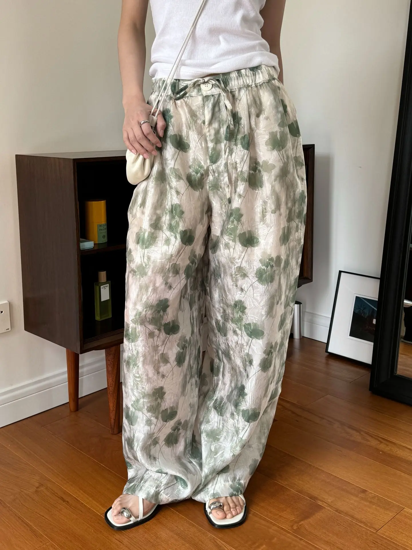 Summer women\'s casual printed high waisted loose wide leg pants