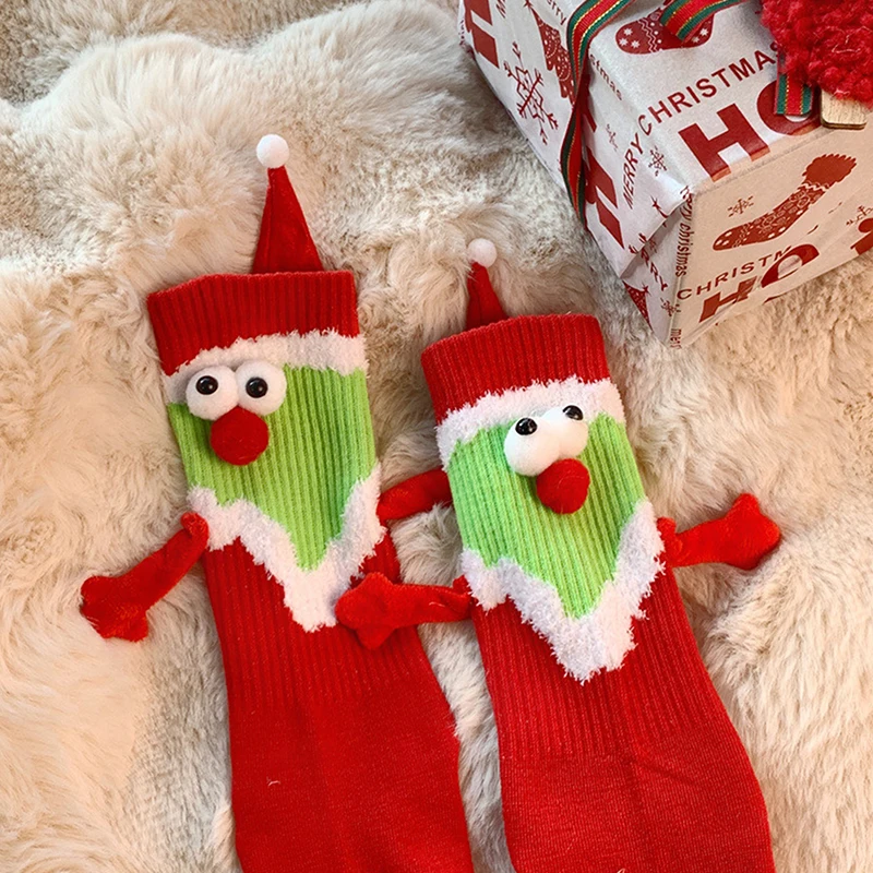 1Pair Cartoon Cute Christmas Socks Breathable Long Tube Hose Funny Novelty Magnetic Socks Home Couple Socks Christmas Gifts