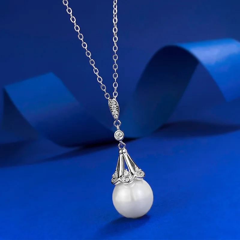 S925 Silver Synthetic Pearl Necklace 12mm Simple Dream Catcher Pendant Collarbone Chain Gift Chain