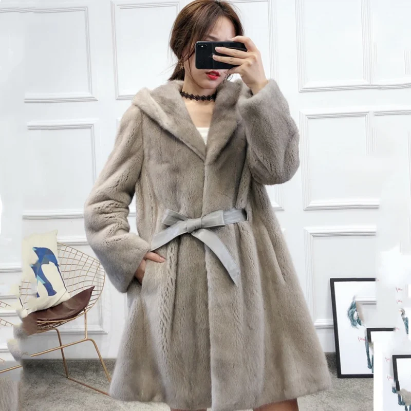 2024 New Real Natural Mink Whole Fur Women Long Coat With Hood  Winter Thick Slim Warm Female Mink Fur Hood Jacket