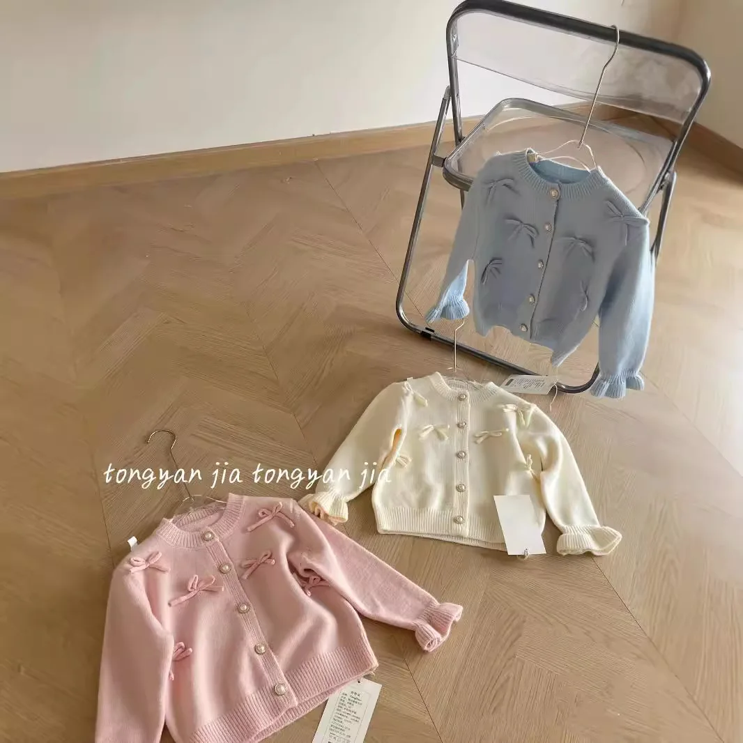 2024 Autumn/winter new 1-8Y girls' bow knit cardigan sweater coat cute baby sweet top Korean trend  90-140cm